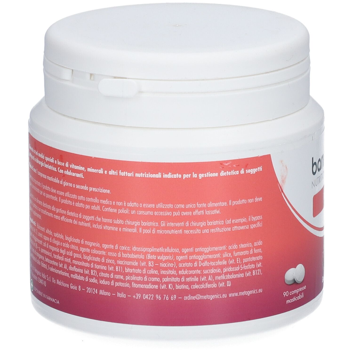 Contenitore in plastica bianca con coperchio. Adesivo rosso con testo. 90 compresse. Retro con testo e ingredienti.