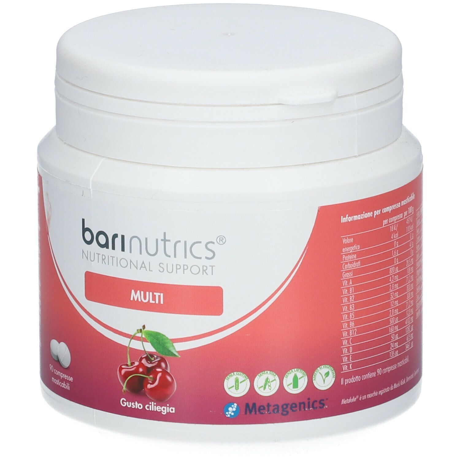 Contenitore in plastica bianca con coperchio. Scritta: BariNutrics Multi, immagine di ciliegie, logo Metagenics. 90 compresse.