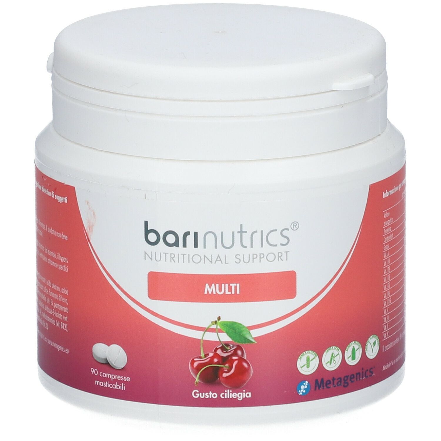 Contenitore in plastica bianca con coperchio. Scritta: BariNutrics Multi, immagine di ciliegie, logo Metagenics. 90 compresse.