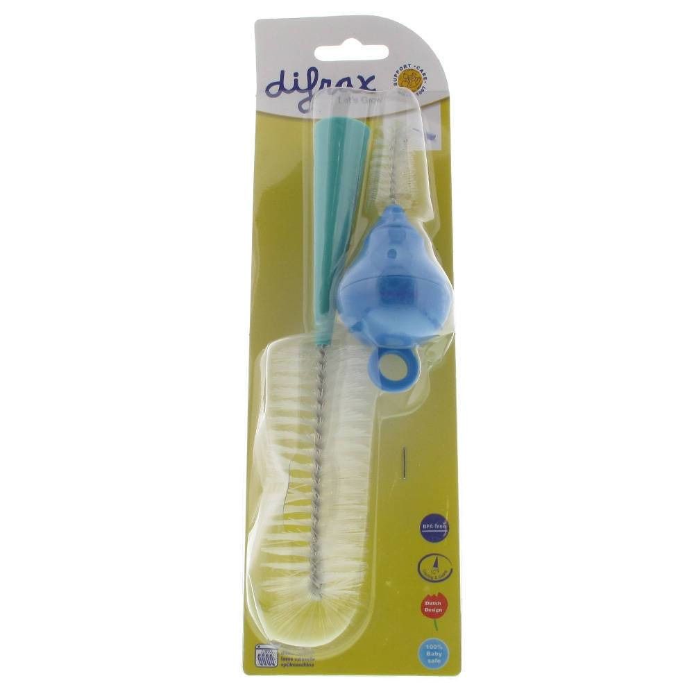 Spazzola per biberon blu-turchese con pulisci-tettarelle blu. Confezione trasparente con logo del prodotto.
