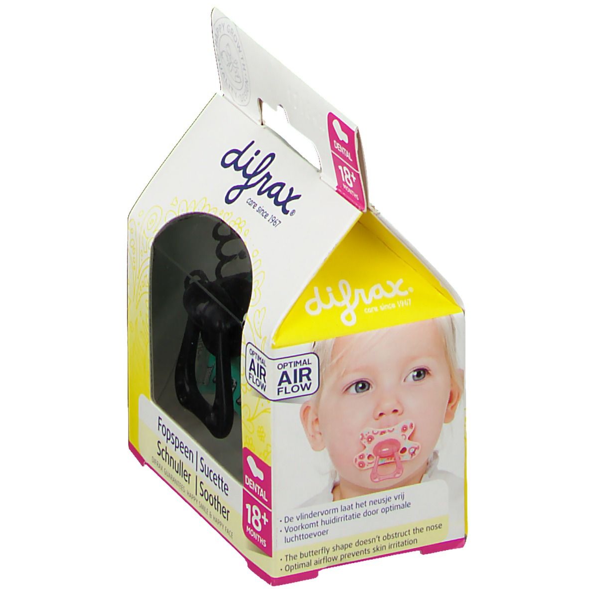 Confezione con succhietto. Visibile: succhietto nero, confezione trasparente, marchio difrax, età consigliata 18+ mesi, viso di bambino.