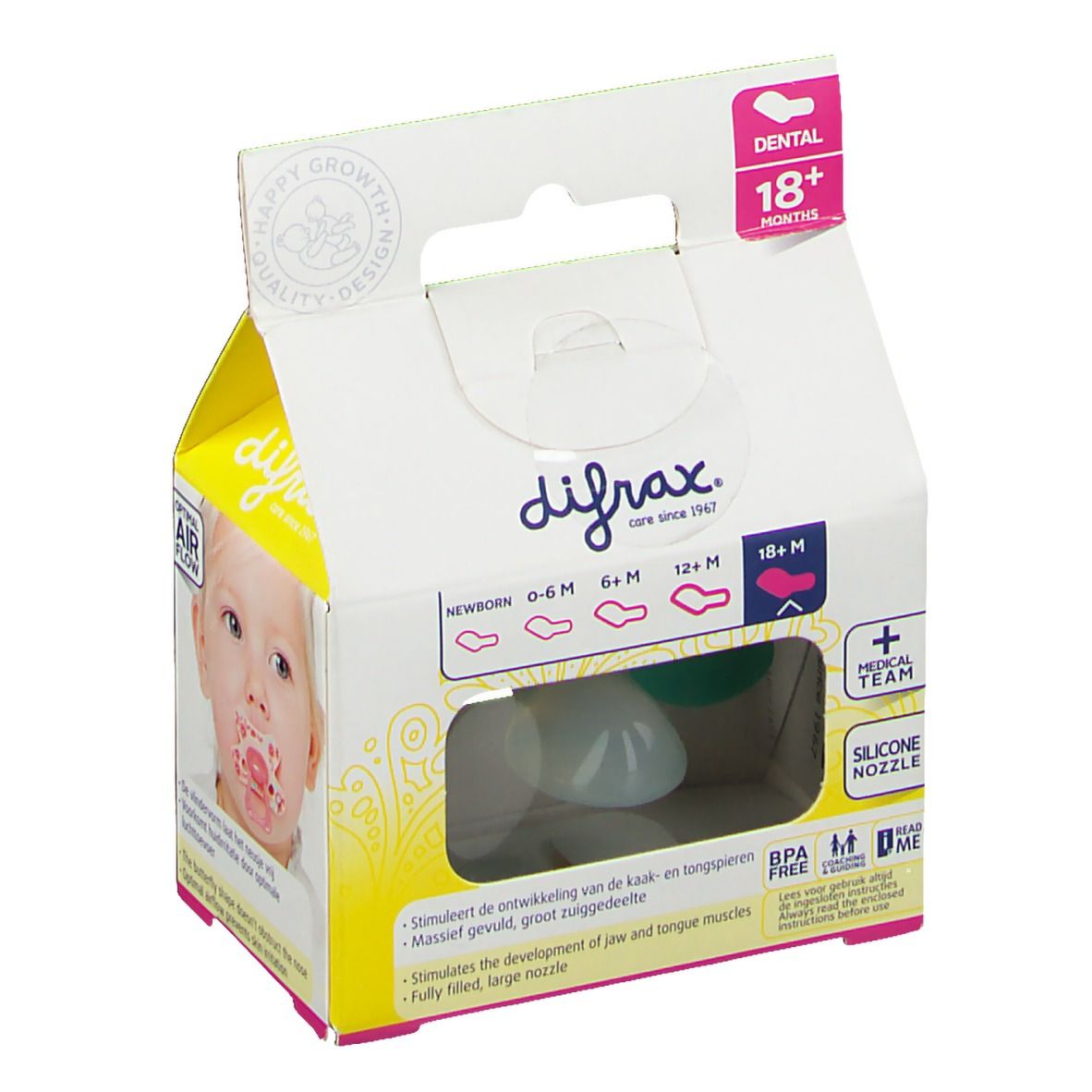 Confezione con succhietto. Visibile: succhietto, confezione trasparente, marchio difrax, età consigliata 18+ mesi, viso di bambino con succhietto.