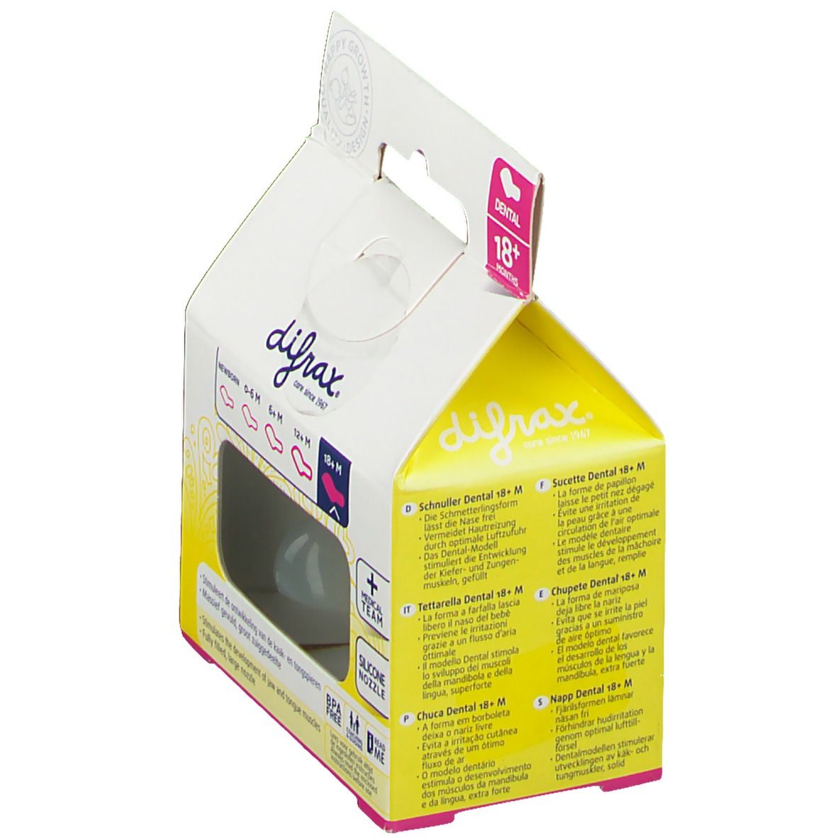 Confezione con succhietto. Visibile: succhietto, confezione trasparente, marchio difrax, età consigliata 18+ mesi, informazioni sul prodotto.