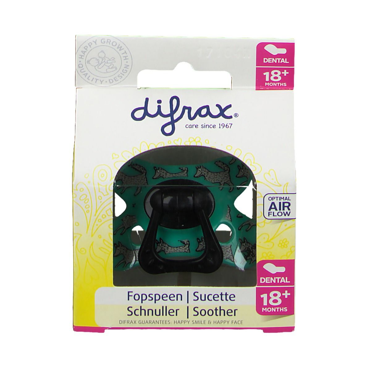 Confezione con succhietto. Visibile: succhietto verde con manico nero, confezione trasparente, marchio difrax, età consigliata 18+ mesi.