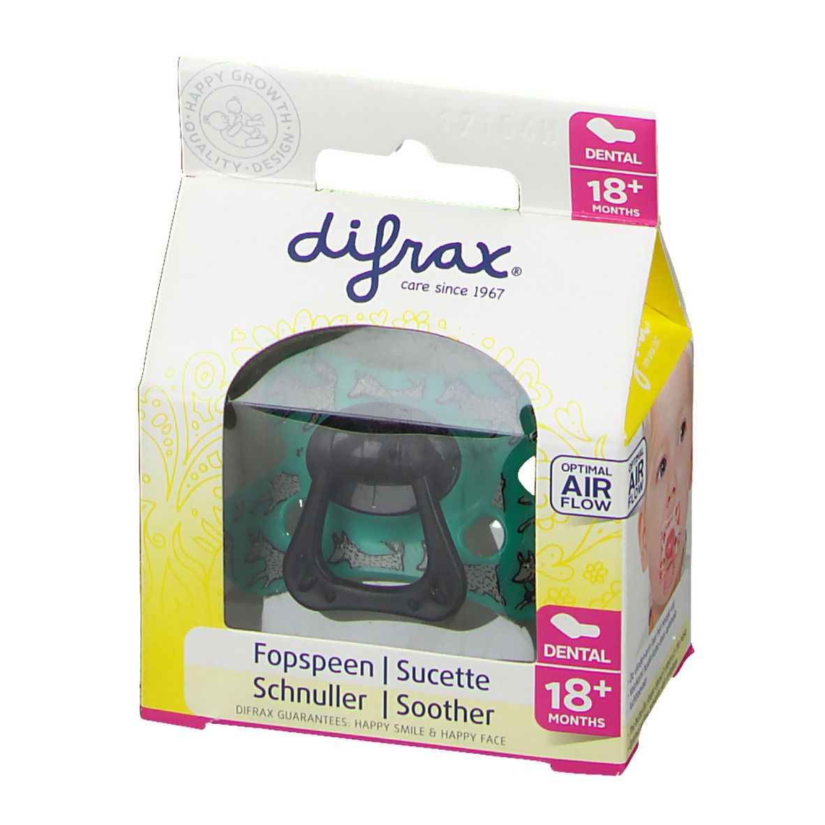 Confezione con succhietto. Visibile: succhietto verde con manico nero, confezione trasparente, marchio difrax, età consigliata 18+ mesi, viso di bambino.