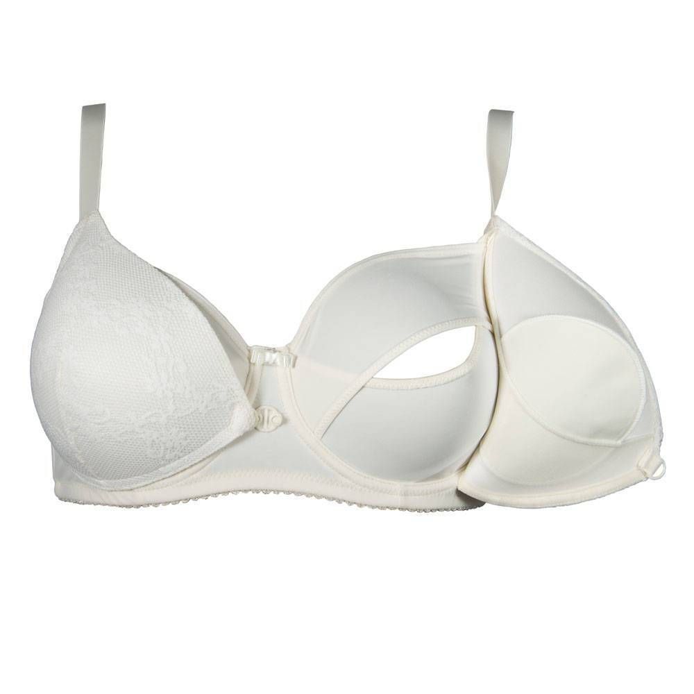 Reggiseno bianco parzialmente aperto. Pizzo, spalline regolabili, ferretto e chiusura. Taglia 70D.