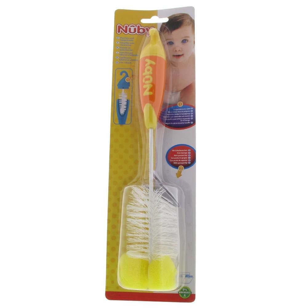 Nuby Bottle & Nipple Brush With Sponge Tip Yellow/Orange