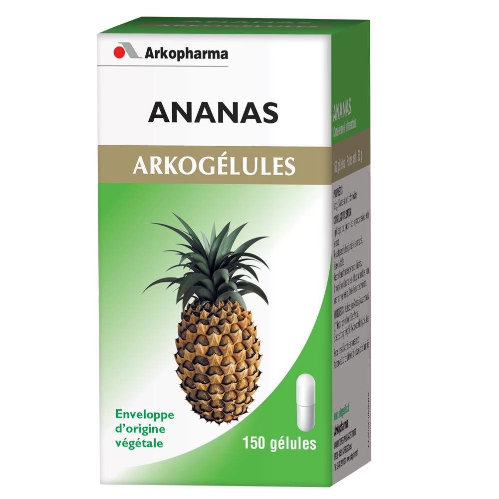 Confezione "Ananas Arkogélules". Immagine di ananas e capsula. Testo: "150 gélules" e "enveloppe d'origine végétale".