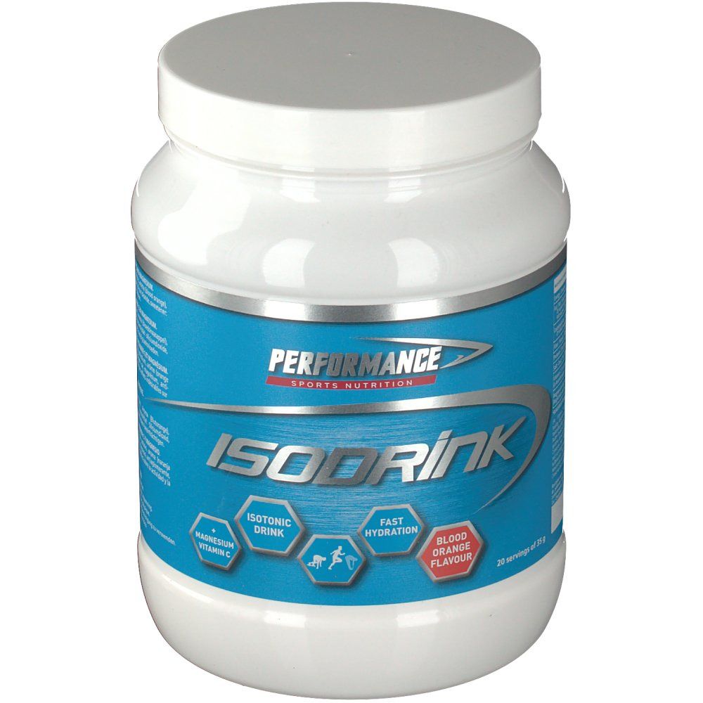 Barattolo bianco con etichetta blu. Scritta: Performance Isodrink, Arancia rossa. Bevanda isotonica.