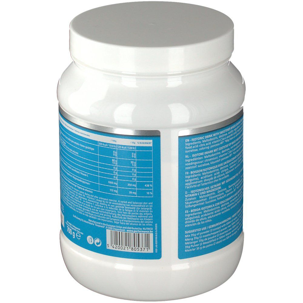 Barattolo bianco con etichetta blu. Retro con informazioni nutrizionali e ingredienti. 700g.
