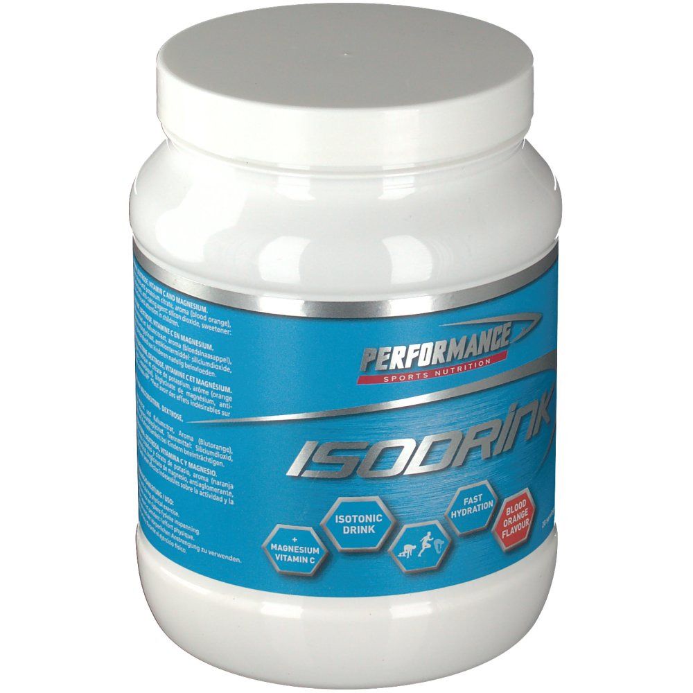 Barattolo bianco con etichetta blu. Scritta: Performance Isodrink, Arancia rossa. Bevanda isotonica.