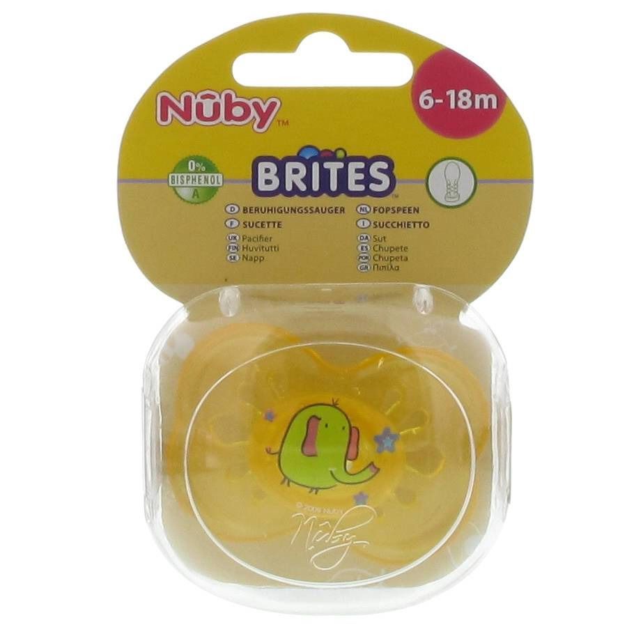 Nuby Succhietto Silicone Brites Ovale 6-18 Mesi Giallo-Elefante