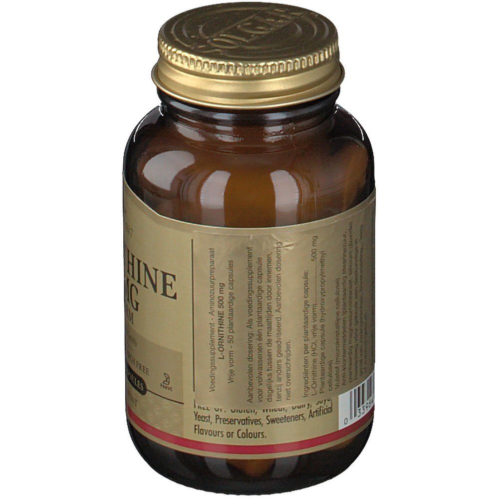 Retro di un flacone di vetro marrone con tappo dorato. Etichetta con testo multilingue. Contiene capsule.