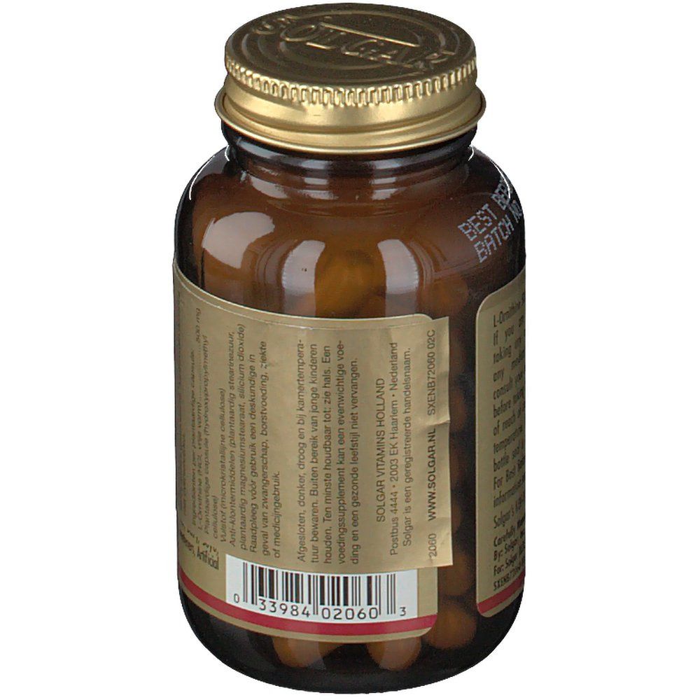 Vista posteriore di un flacone di vetro marrone con tappo dorato. Etichetta con testo e codice a barre. Contiene capsule.