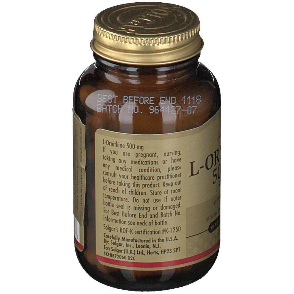 Flacone di vetro marrone con tappo dorato. Etichetta con testo: L-Ornithine 500 mg. Contiene capsule. Testo: Best Before End.