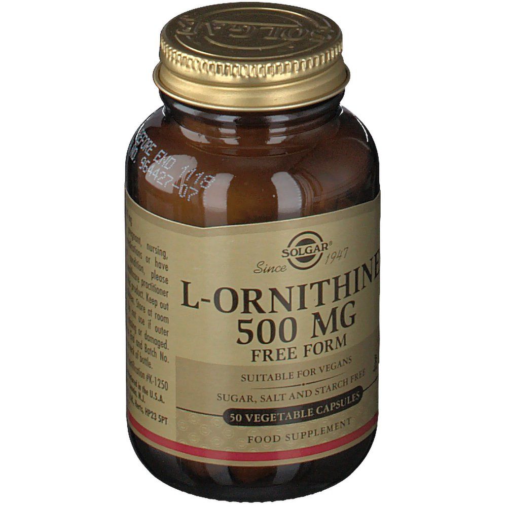 Flacone di vetro marrone con tappo dorato. Etichetta con testo: L-Ornithine 500 mg, Free Form, 50 capsule. Marchio: SOLGAR.