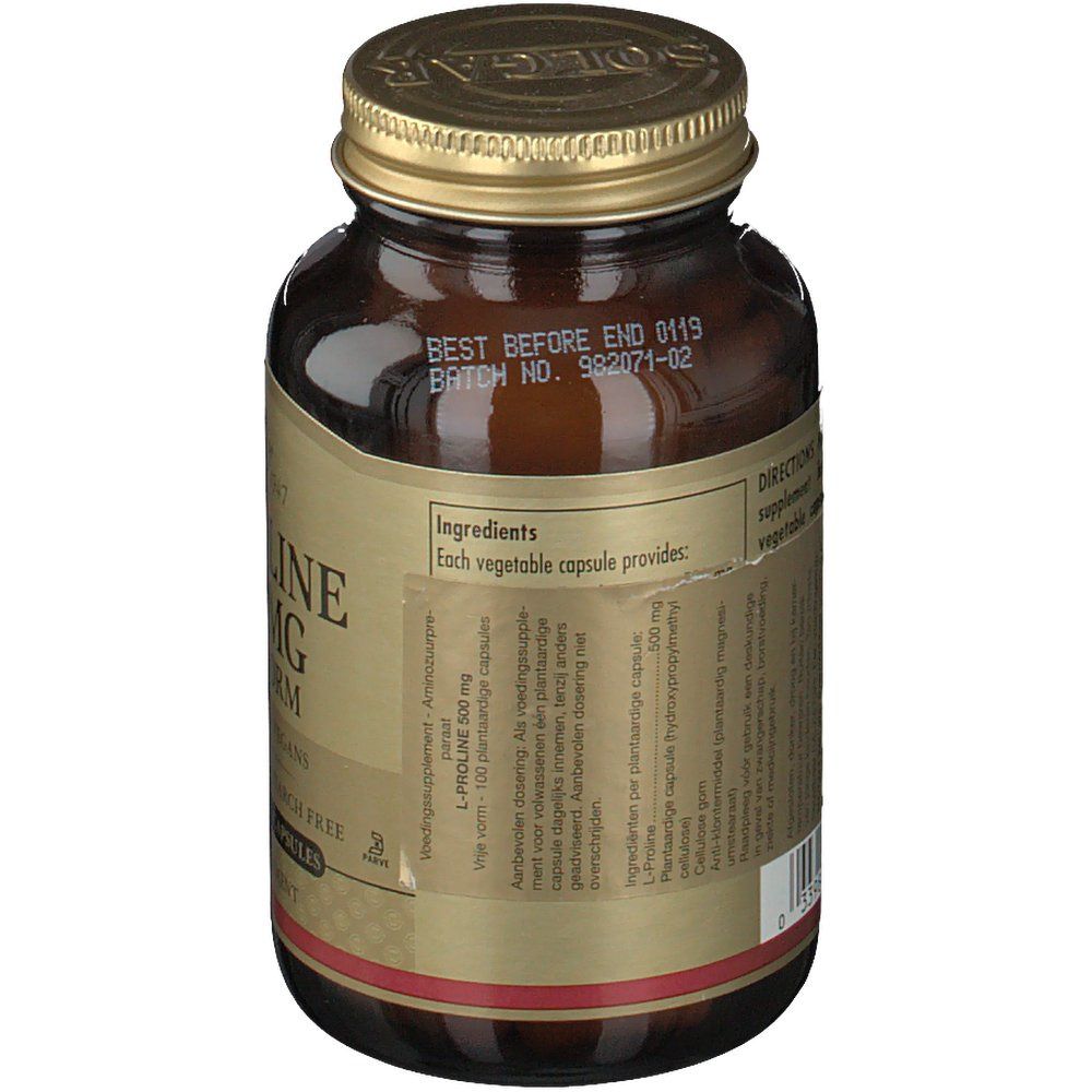 Retro del flacone di vetro marrone. Etichetta con ingredienti, L-Proline 500 mg. Da consumare preferibilmente entro 01/19. Numero di lotto.