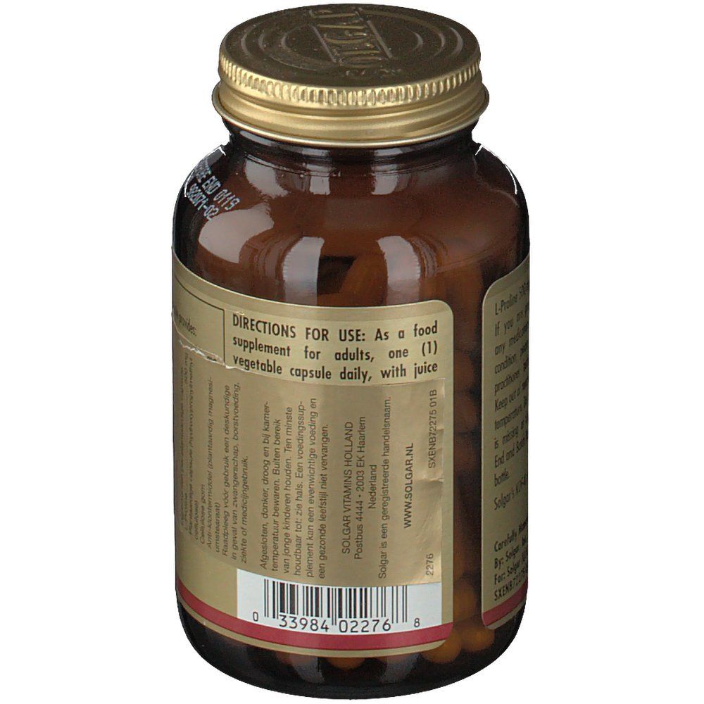 Retro del flacone di vetro marrone. Etichetta con istruzioni per l'uso: 1 capsula al giorno. Codice a barre e contatti.