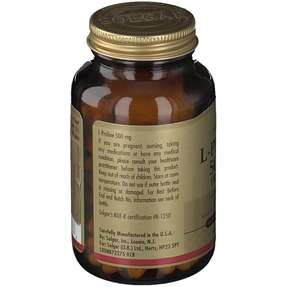 Retro del flacone di vetro marrone. Etichetta con avvertenze e informazioni del produttore. Certificazione KOF-K.