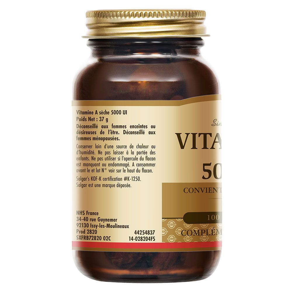Retro del flacone. Testo: Vitamina A 5000 UI. Informazioni su ingredienti, peso, avvertenze e produttore.