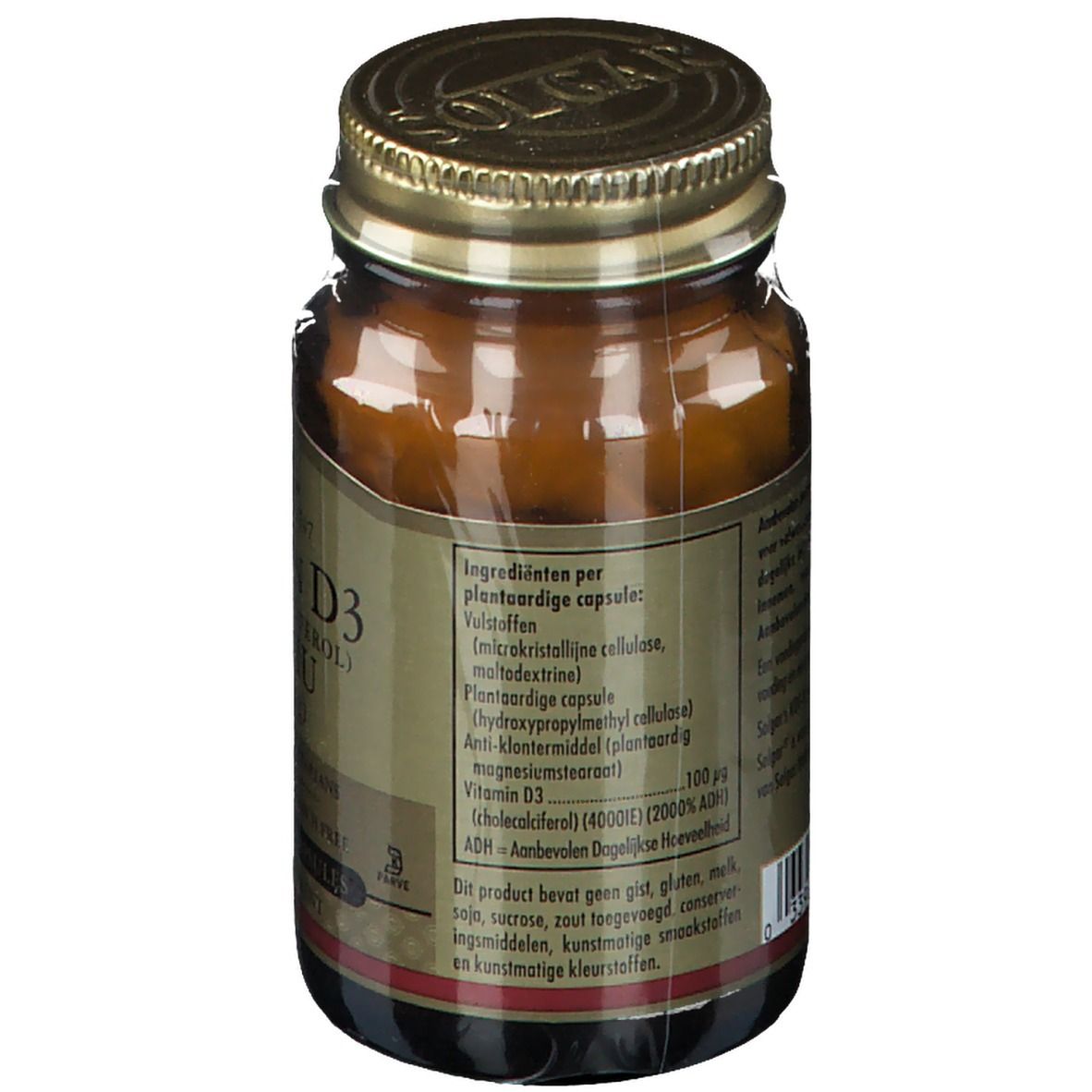 Retro del flacone di vetro marrone. Etichetta con ingredienti e informazioni nutrizionali. Logo Solgar e testo in olandese.