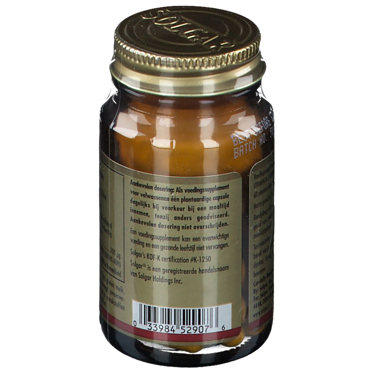 Retro del flacone di vetro marrone. Etichetta con raccomandazioni di dosaggio e logo Solgar. Testo in olandese.