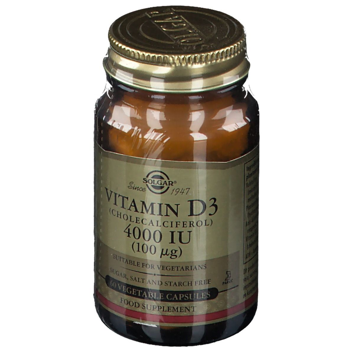 Flacone di vetro marrone con tappo dorato. Etichetta 'Vitamina D3 4000 UI' e logo Solgar. 60 capsule vegetali.
