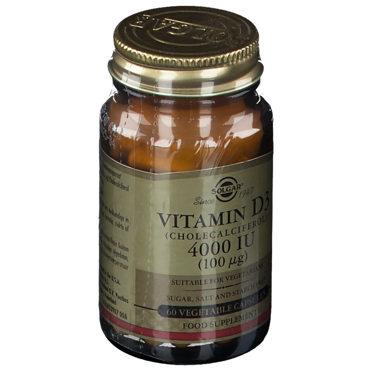 Flacone di vetro marrone con tappo dorato. Etichetta 'Vitamina D3 4000 UI' e logo Solgar. 60 capsule vegetali.