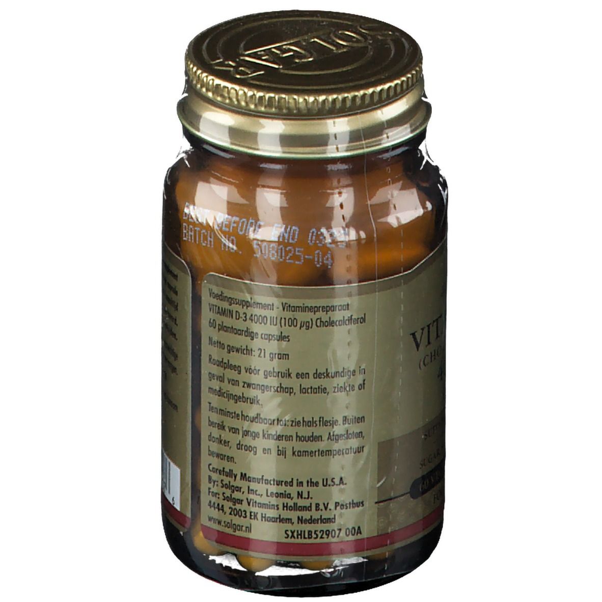 Retro del flacone di vetro marrone. Etichetta con ingredienti, informazioni del produttore e numero di lotto. Testo in olandese.