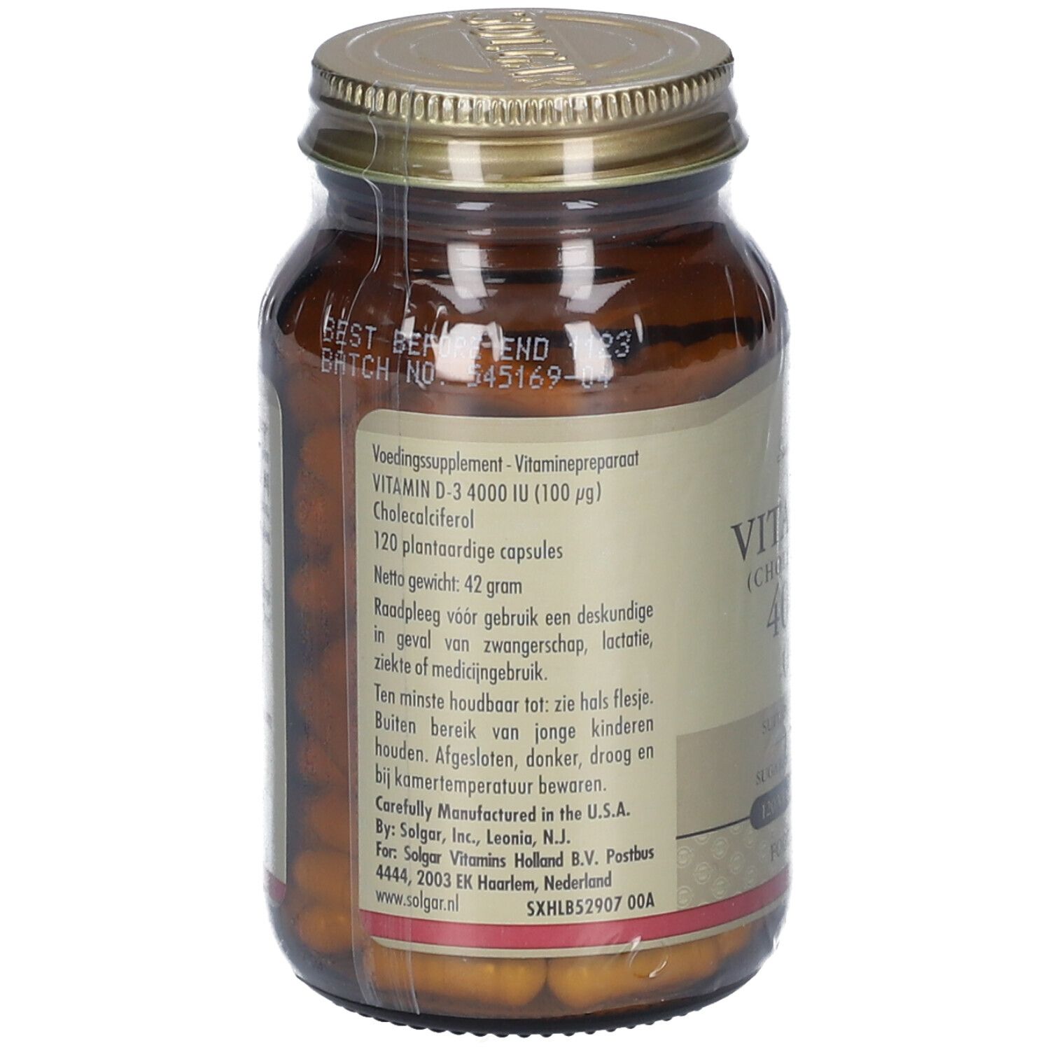 Retro di un flacone di vetro marrone con etichetta. Contiene informazioni su ingredienti, dosaggio e produttore. 120 capsule.