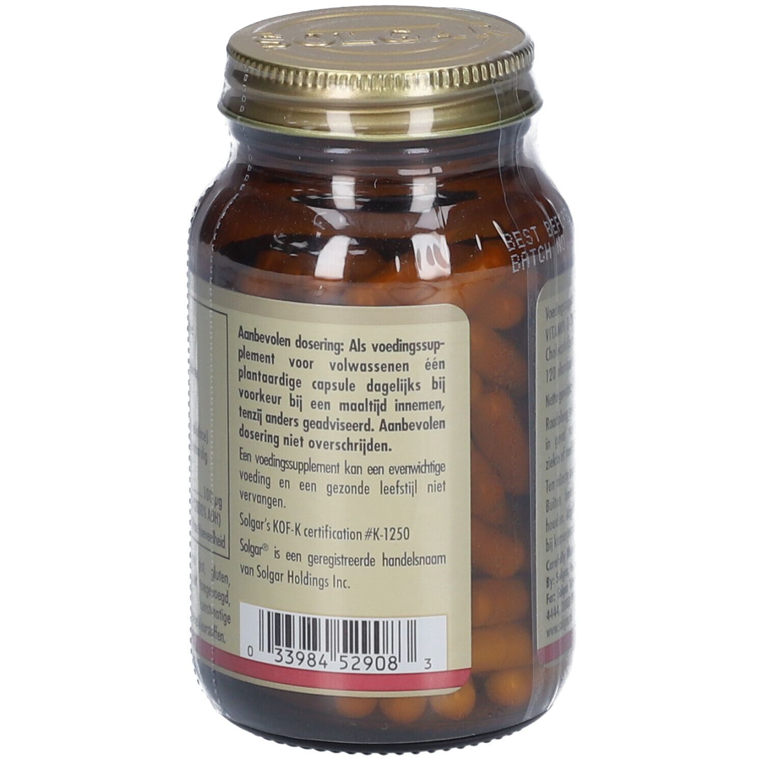 Vista posteriore di un flacone di vetro marrone con etichetta. Contiene informazioni sul dosaggio e sul produttore. Certificazione KOF-K.