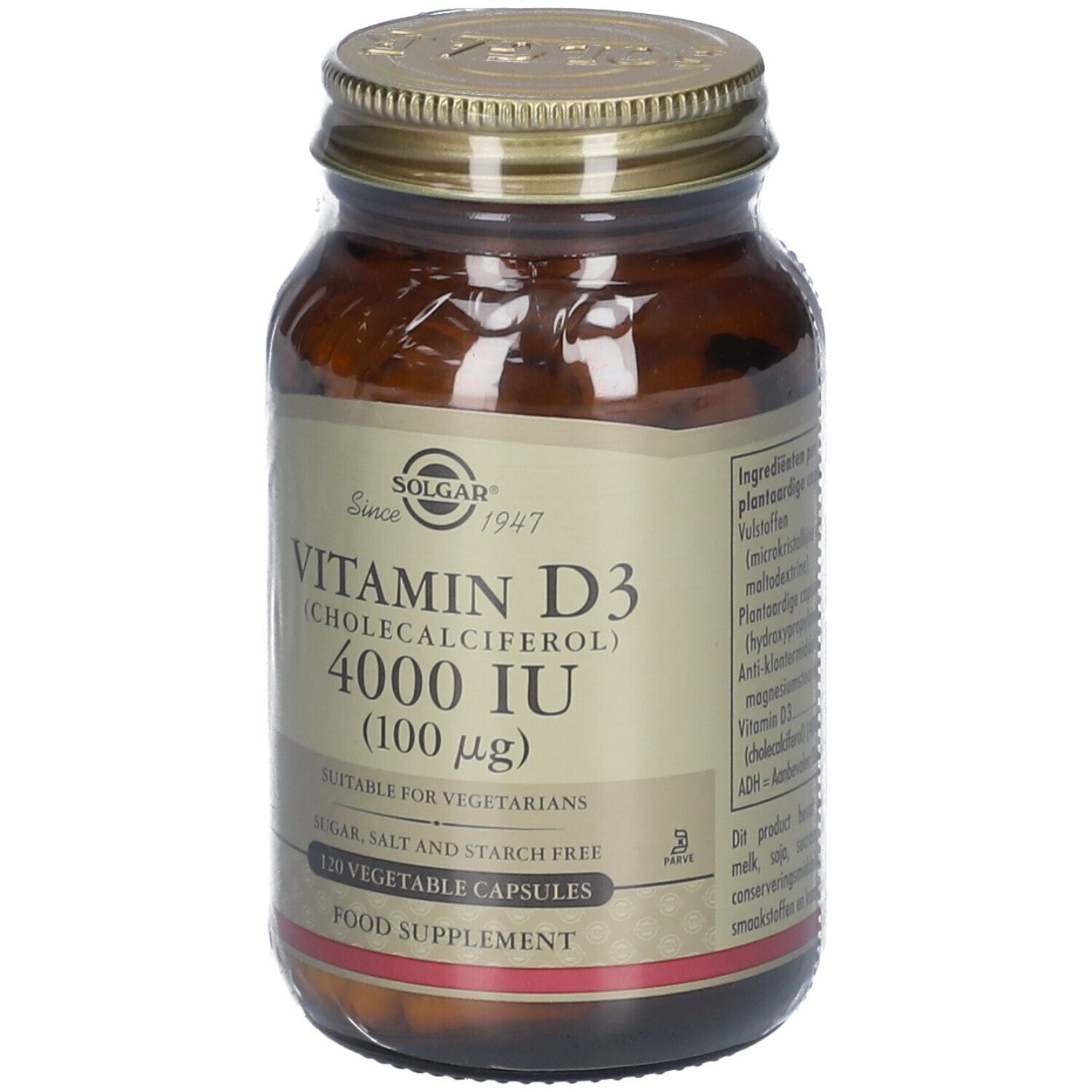 Flacone di vetro marrone con coperchio dorato. Etichetta con scritta Vitamina D3 4000 UI, adatto ai vegetariani. 120 capsule.