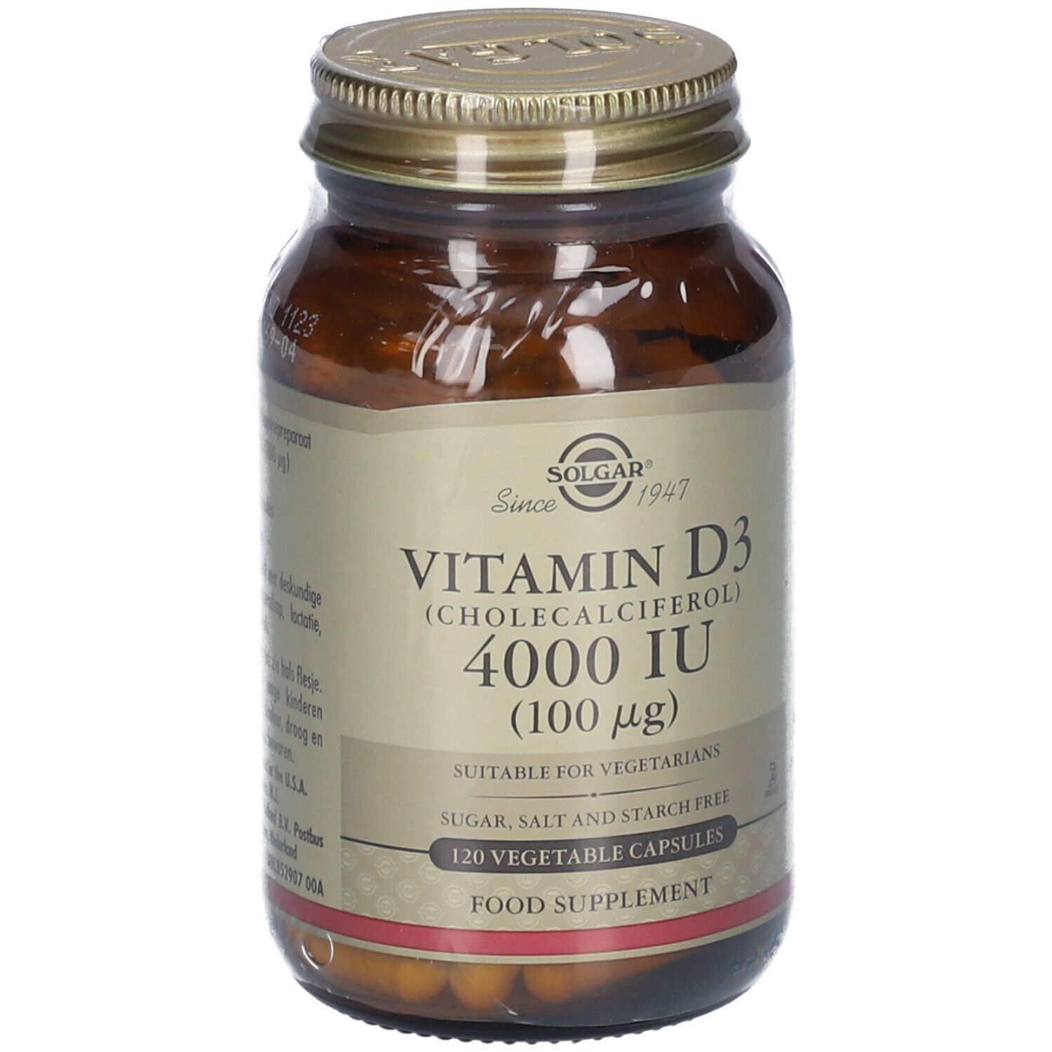 Retro di un flacone di vetro marrone con etichetta. Contiene informazioni sugli ingredienti e sui valori nutrizionali. 120 capsule.