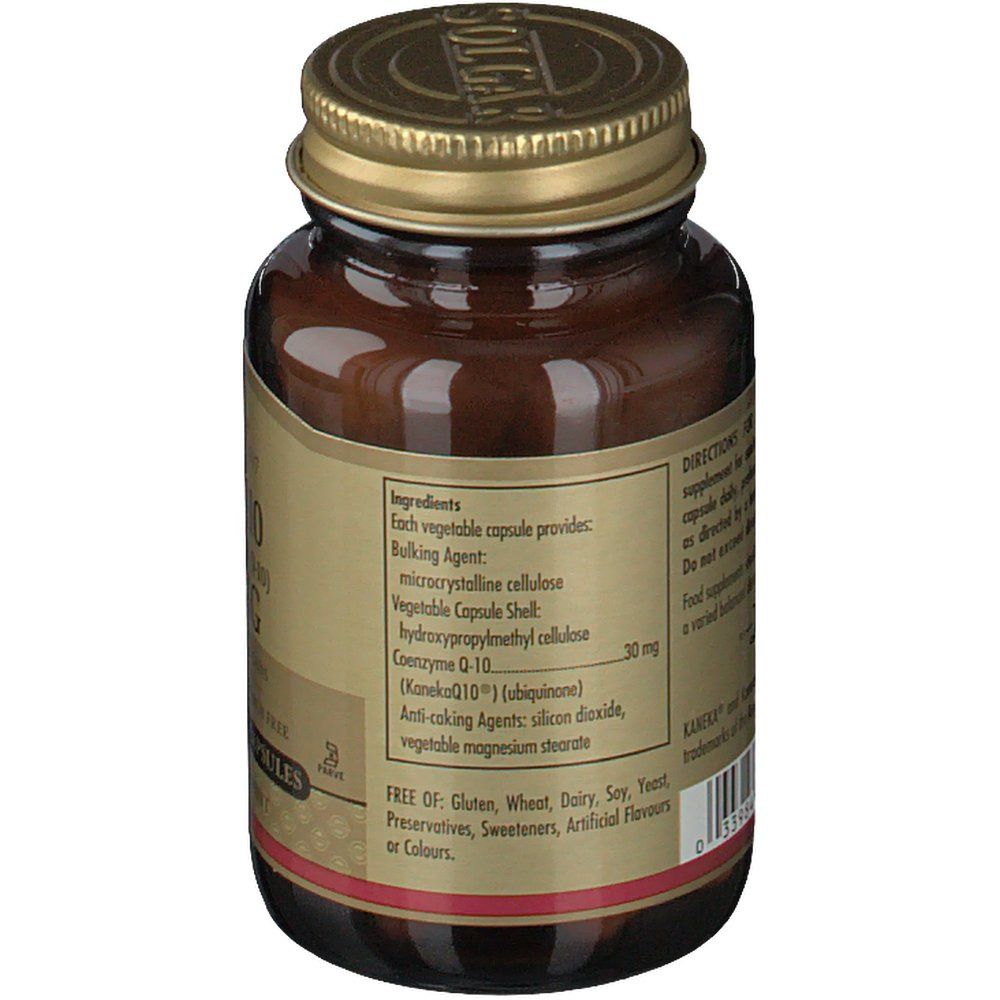 Retro del flacone. Etichetta con elenco ingredienti: cellulosa microcristallina, coenzima Q-10 30 mg, ecc. Senza glutine, frumento, latte, soia, lievito.