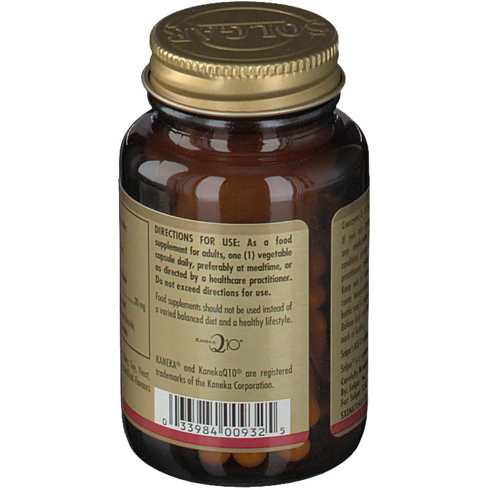 Retro del flacone. Etichetta con istruzioni per l'uso: 1 capsula al giorno. KANEKA Q10 sono marchi registrati di Kaneka Corporation.