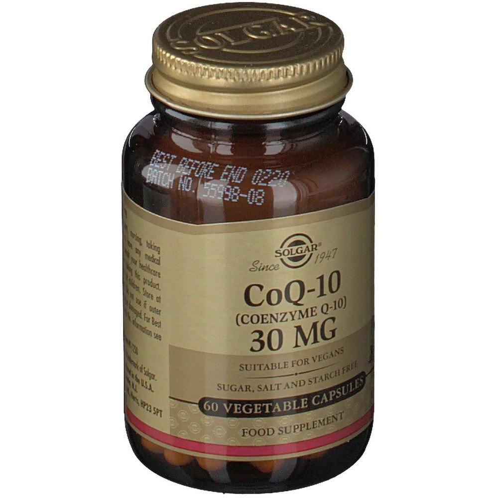 Flacone di vetro marrone con tappo dorato. Etichetta con informazioni sul prodotto: CoQ-10 30 mg, 60 capsule. Data di scadenza e numero di lotto.