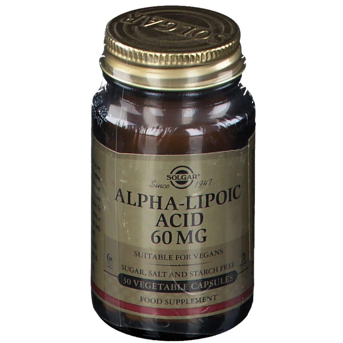 Flacone di vetro marrone con coperchio dorato. L'etichetta riporta 'Alpha-Liponsäure 60 mg' e 'Adatto ai vegani'.