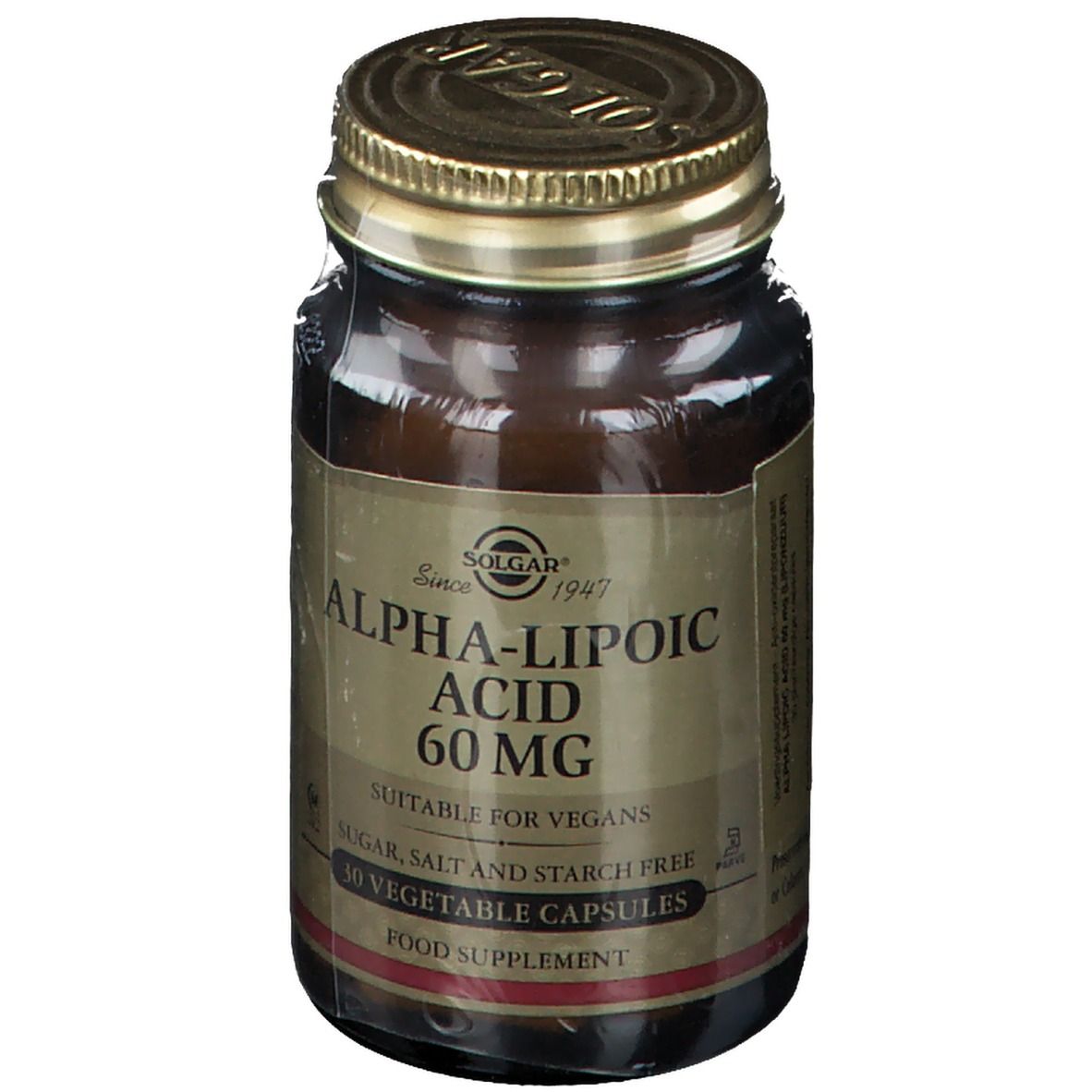 Flacone di vetro marrone con coperchio dorato. L'etichetta riporta 'Alpha-Liponsäure 60 mg' e 'Adatto ai vegani'.