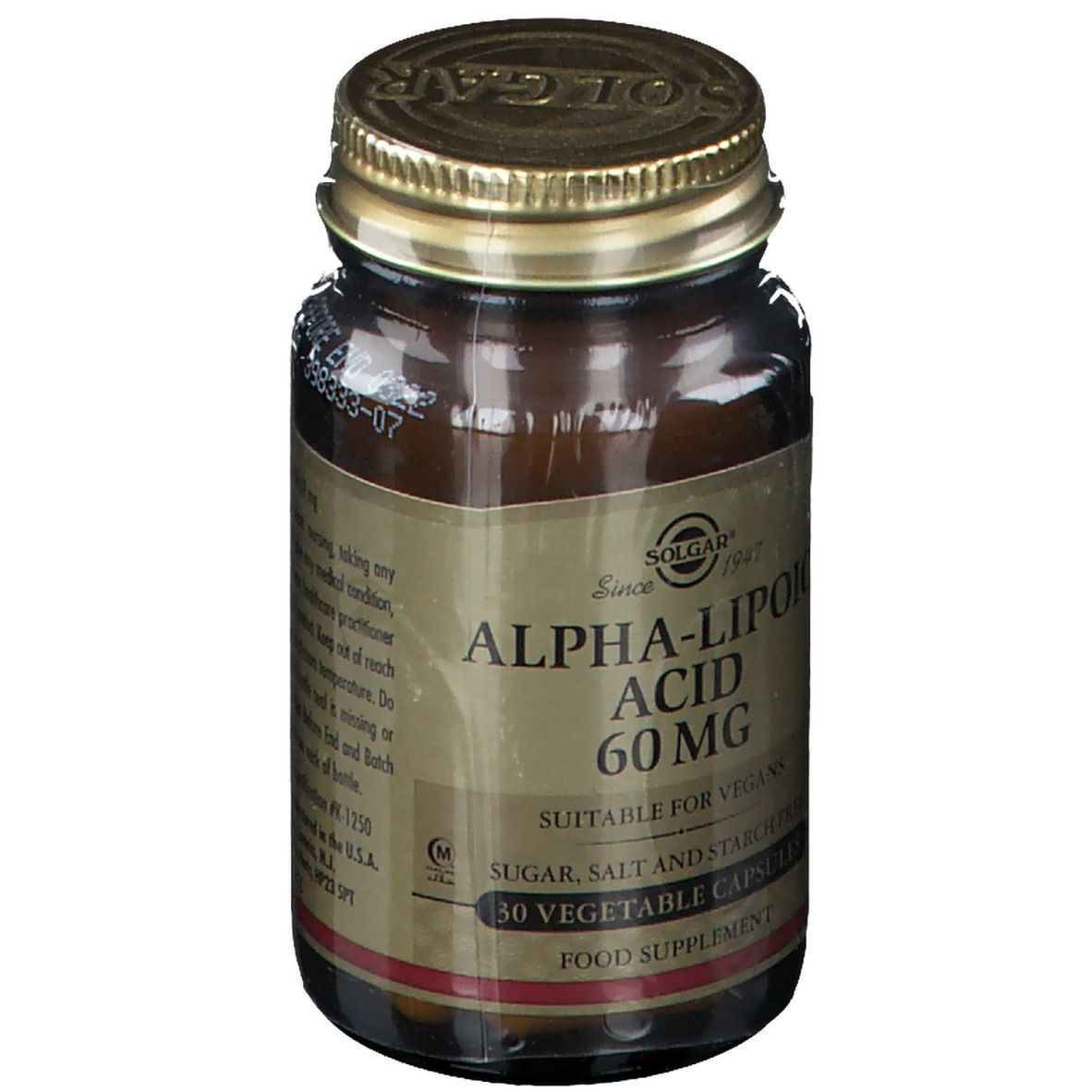 Flacone di vetro marrone con coperchio dorato. Etichetta con 'Alpha-Liponsäure 60 mg' e 'Adatto ai vegani'.