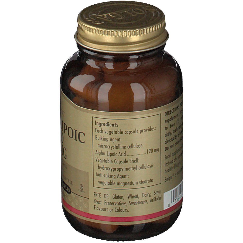 Retro del flacone. Etichetta con ingredienti: acido alfa-lipoico, cellulosa microcristallina, capsula vegetale, ecc. Senza glutine.