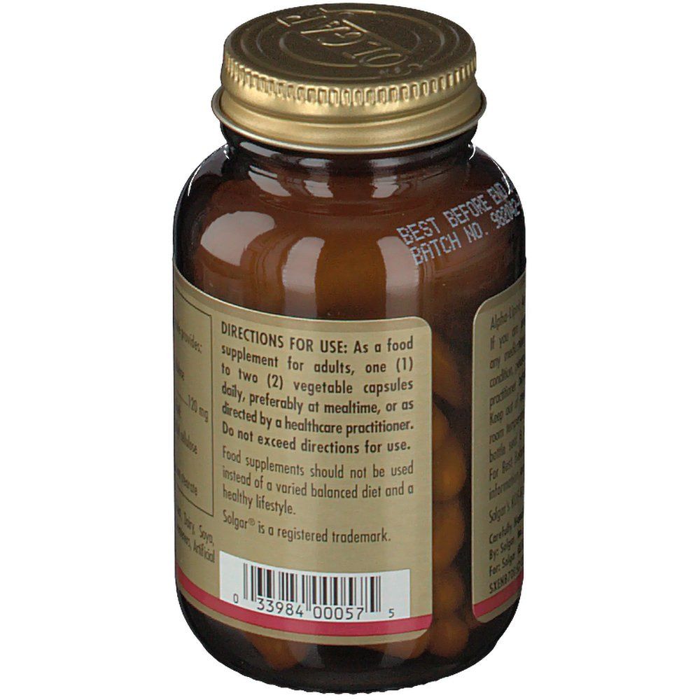 Retro del flacone. Etichetta con istruzioni per l'uso: 1-2 capsule al giorno. Contiene anche informazioni sul marchio Solgar.