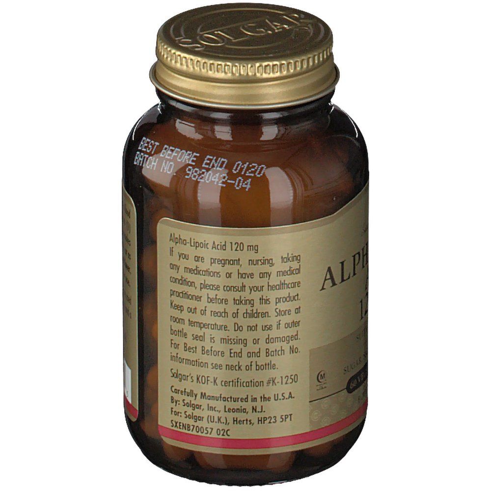 Retro del flacone. Etichetta con precauzioni e numero di lotto. Certificazione KOF-K. Prodotto da Solgar.