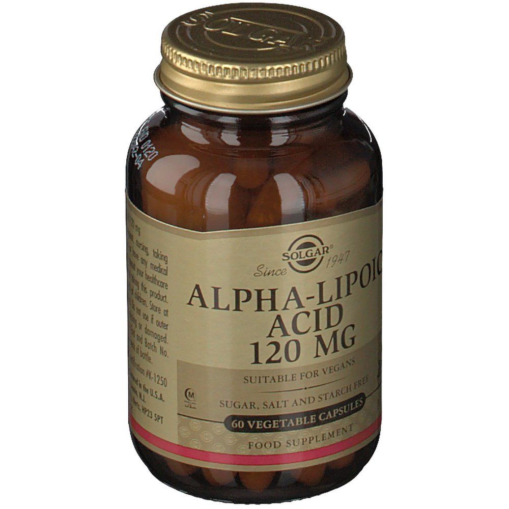 Flacone di vetro marrone con tappo dorato. Etichetta con SOLGAR, acido alfa-lipoico 120 mg, 60 capsule. Adatto ai vegani.
