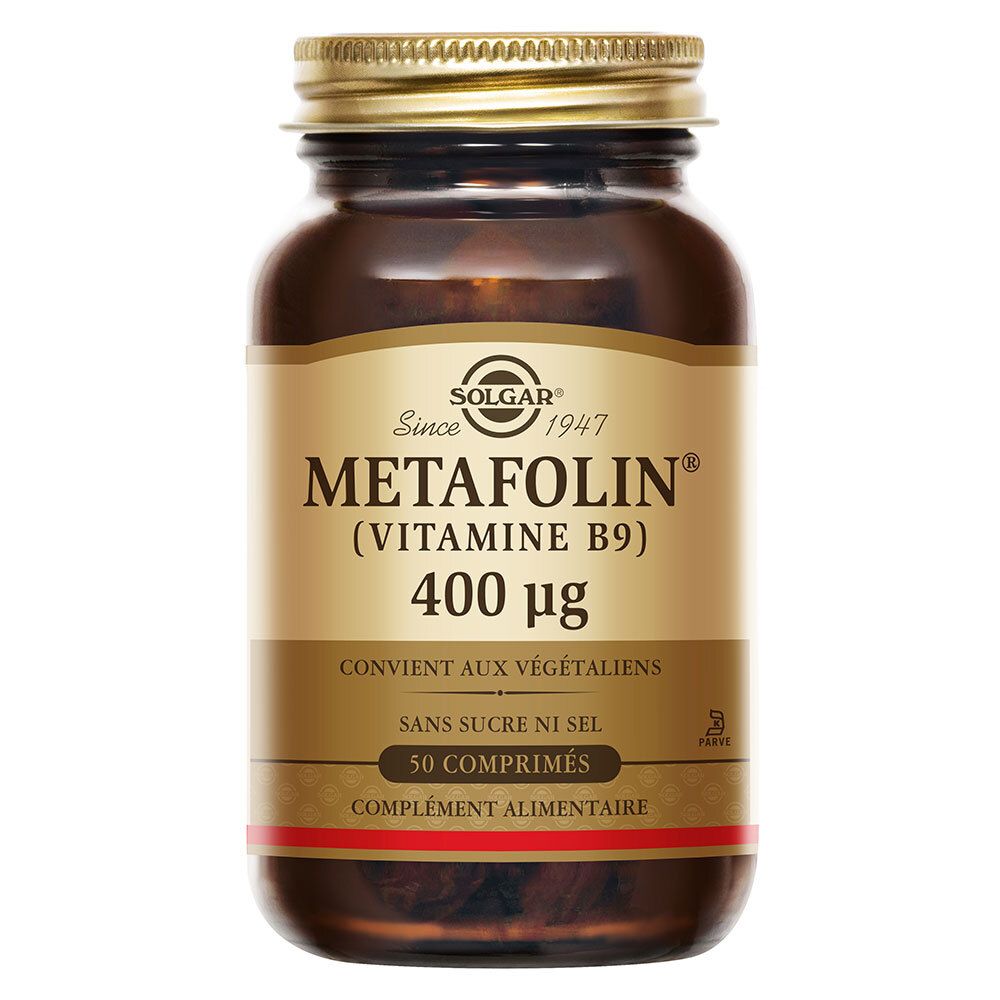 Flacone di vetro marrone, tappo dorato. Etichetta SOLGAR, METAFOLIN (Vitamina B9) 400 µg, 50 compresse.
