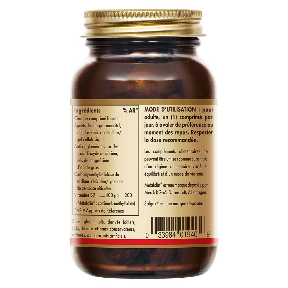 Retro del flacone con ingredienti e istruzioni per l'uso. Marchio: Metafolin, Solgar.