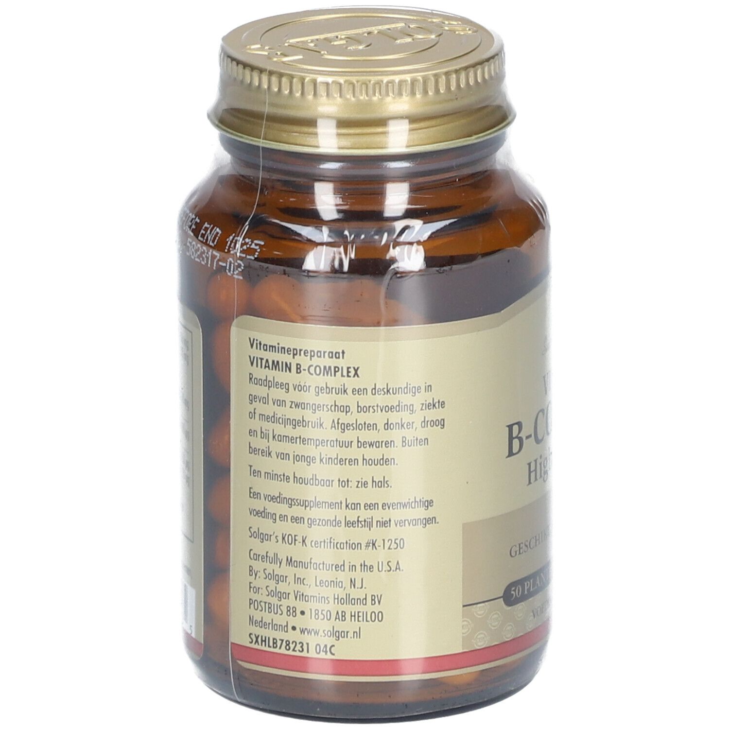 Retro del flacone di vetro marrone con tappo dorato. Etichetta con testo. Contiene complesso di vitamina B.