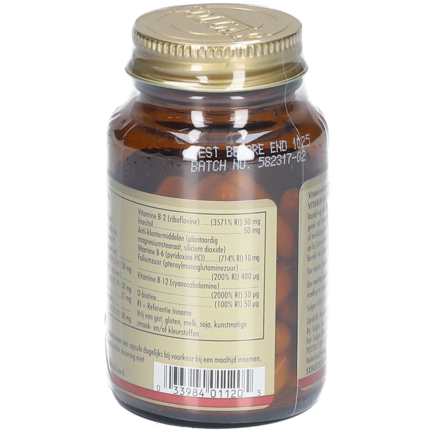 Retro del flacone di vetro marrone. Etichetta con ingredienti e data di scadenza.