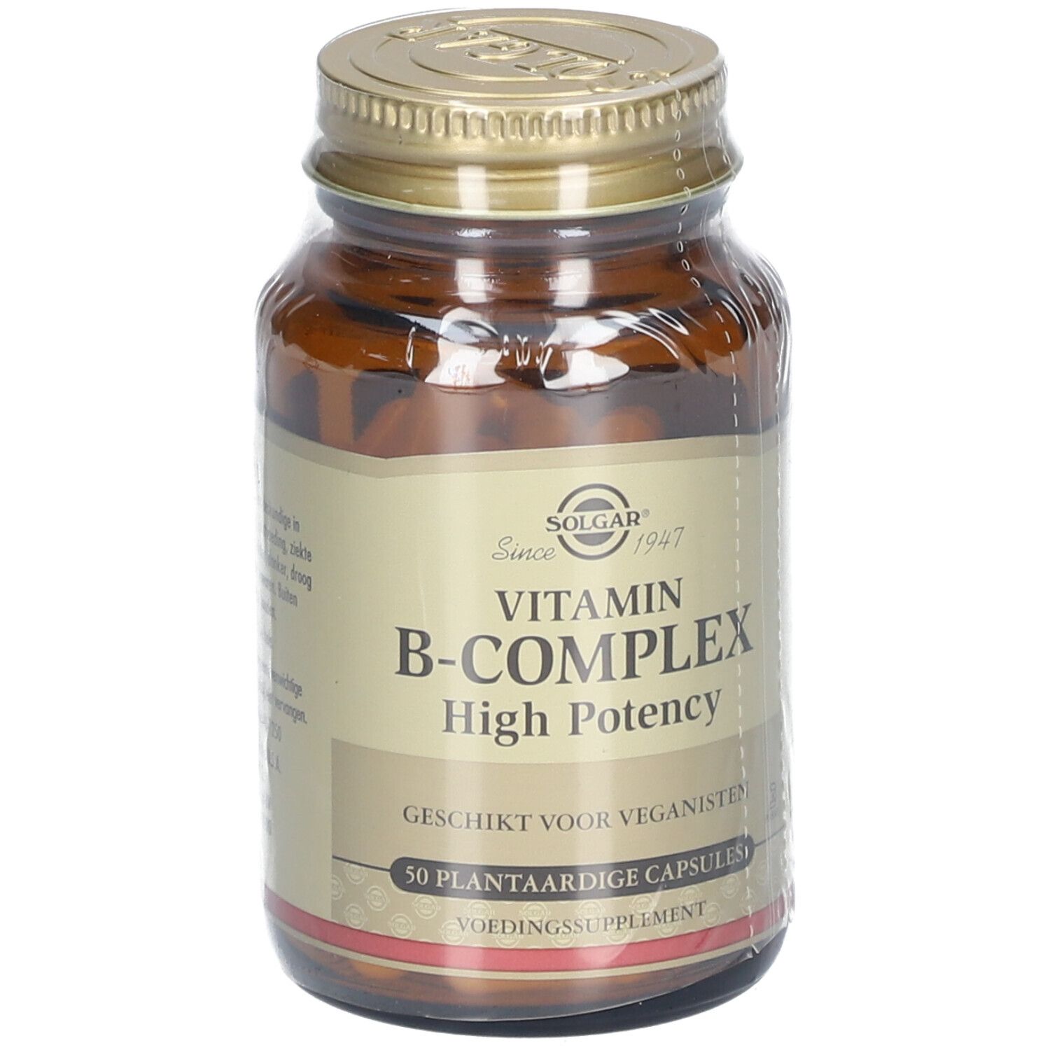 Flacone di vetro marrone con tappo dorato, avvolto. Etichetta "Solgar Vitamin B-Complex".