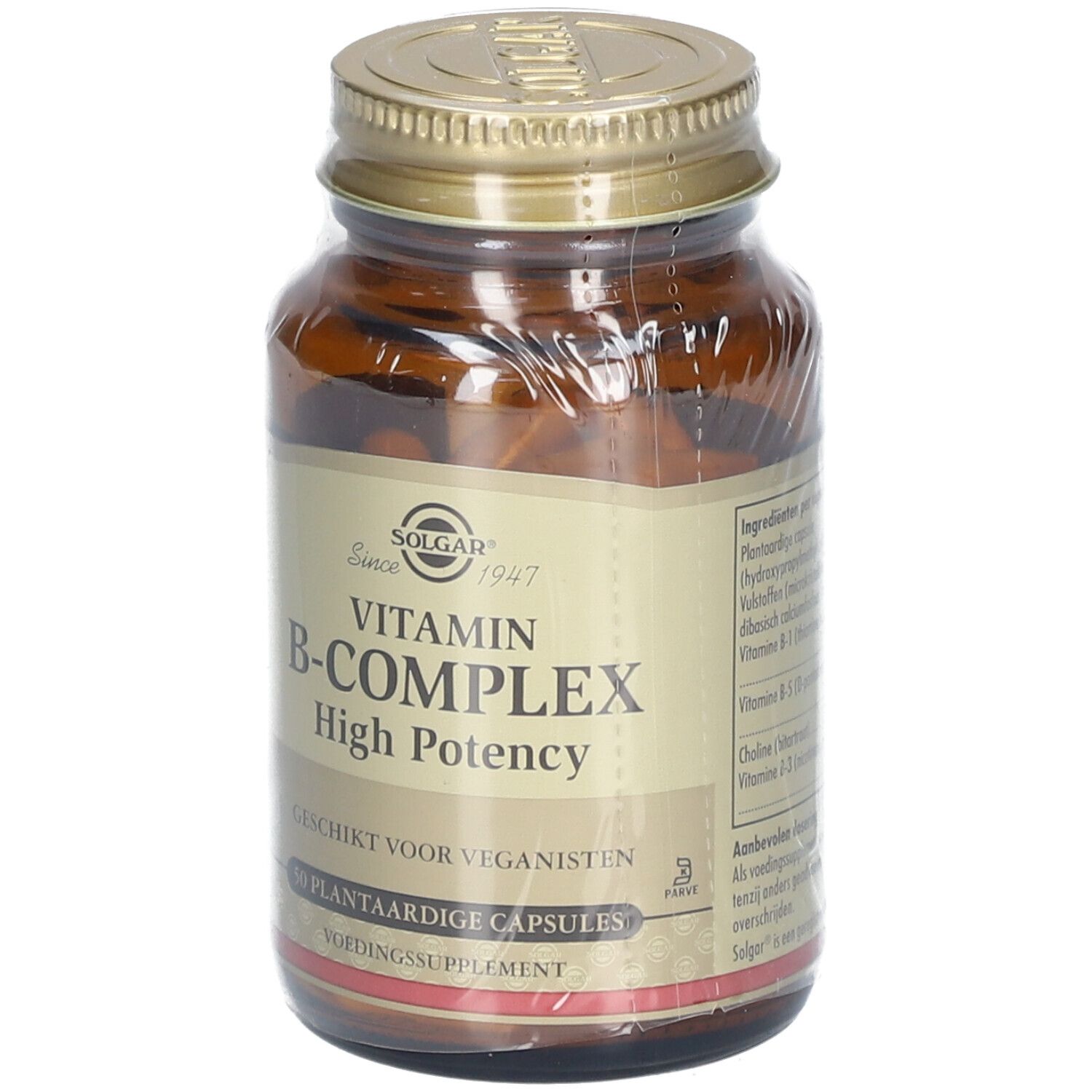 Flacone di vetro marrone con tappo dorato, avvolto. Etichetta "Solgar Vitamin B-Complex".