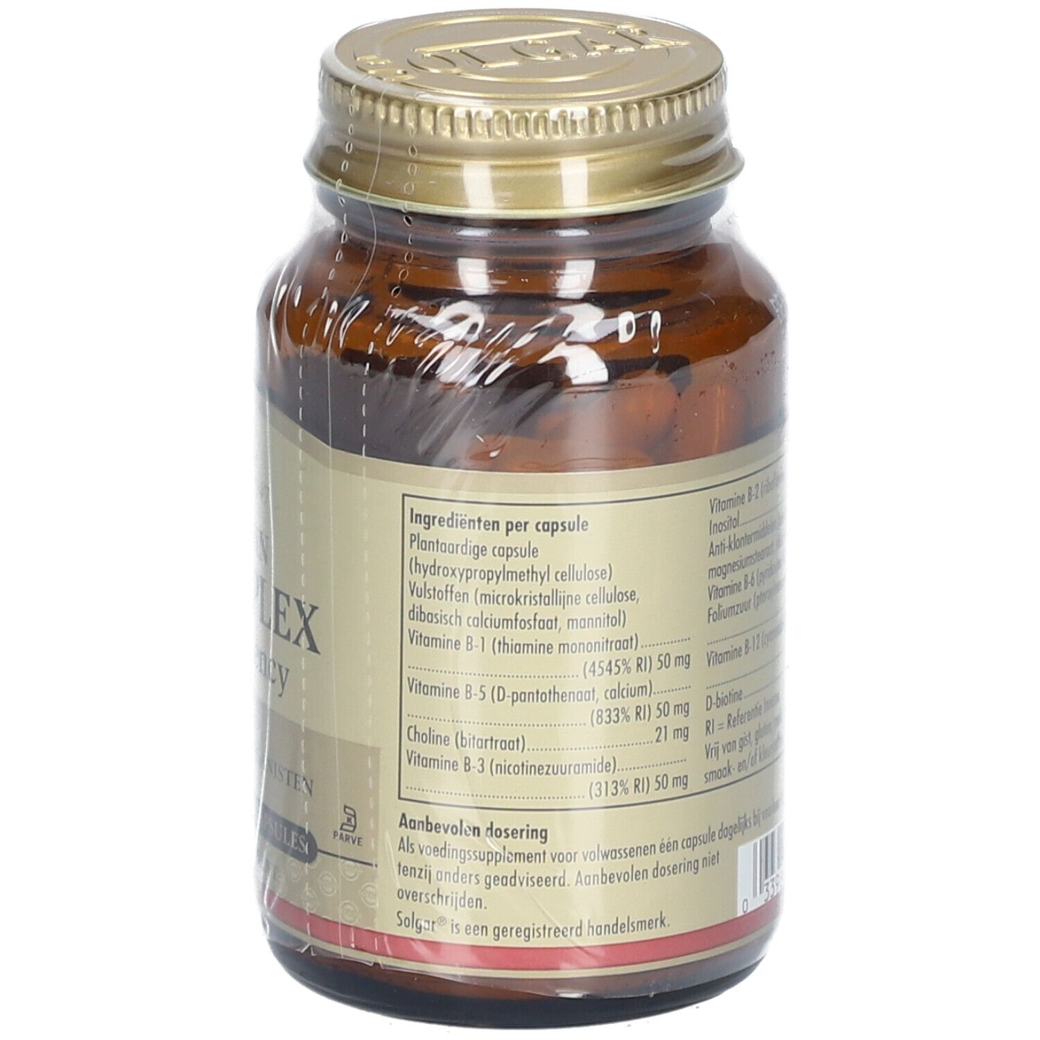 Retro del flacone di vetro marrone. Etichetta con ingredienti per capsula. Contiene complesso B.